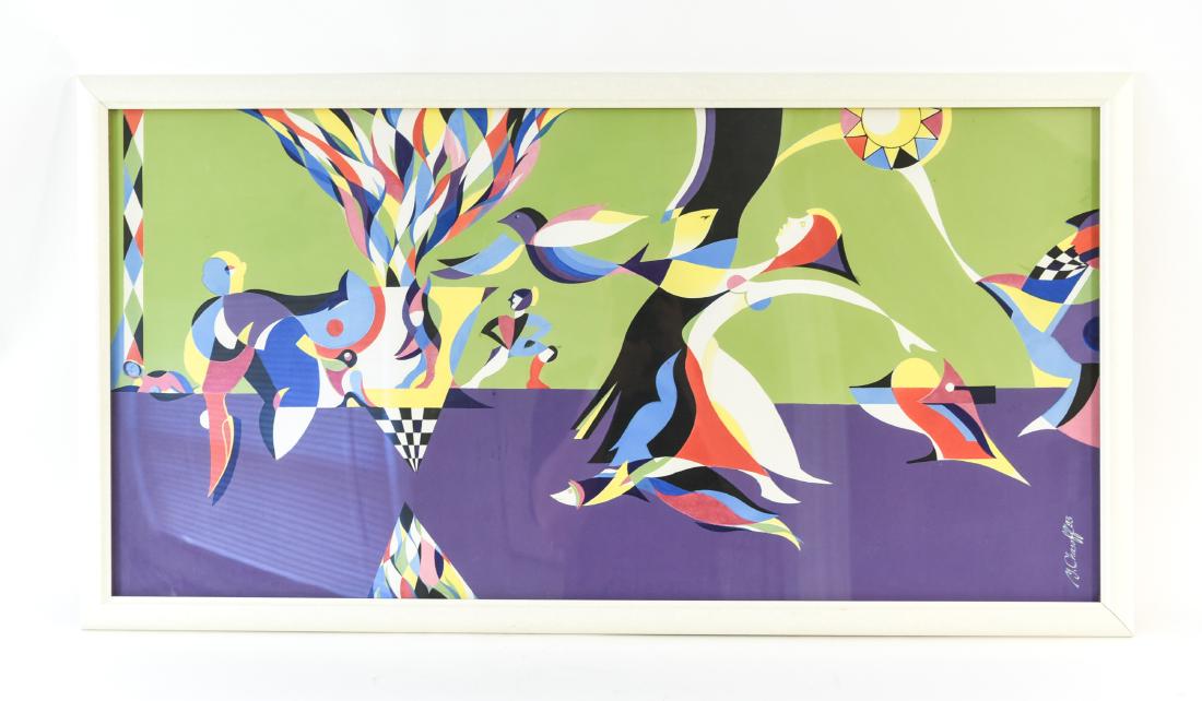 LARGE MODERN GOUACHE: Signed M. Shasoff. Dated '93. Abstracted figures, multi colored composition. Dimensions: (Frame) H 26" x W 49.5", (Sight) H 22.75" x W 46" Condition: No issues to note.