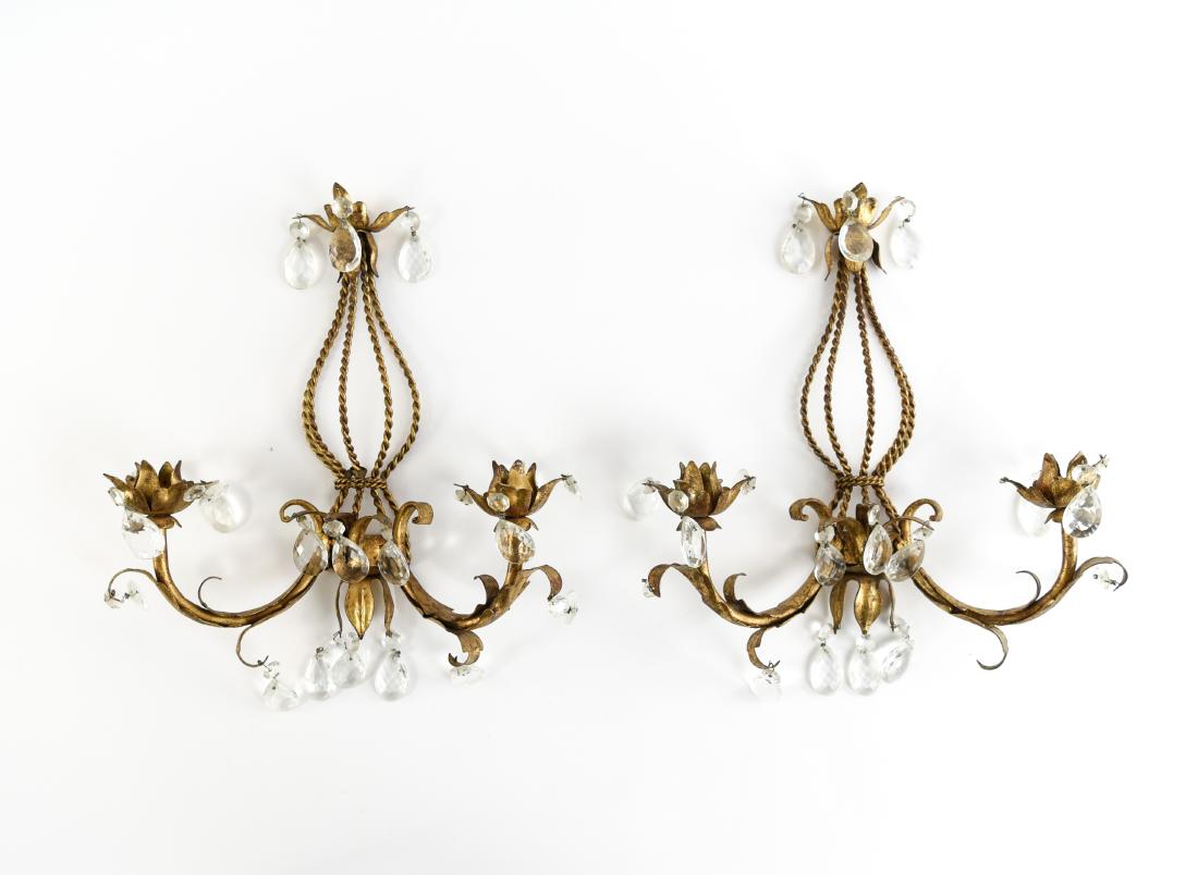 PAIR OF GILT METAL DROP CRYSTAL WALL SCONCES: Dimensions: H 15.5" x W 12.75" x D 3.75" Condition: Missing few crystals. Surface wear.