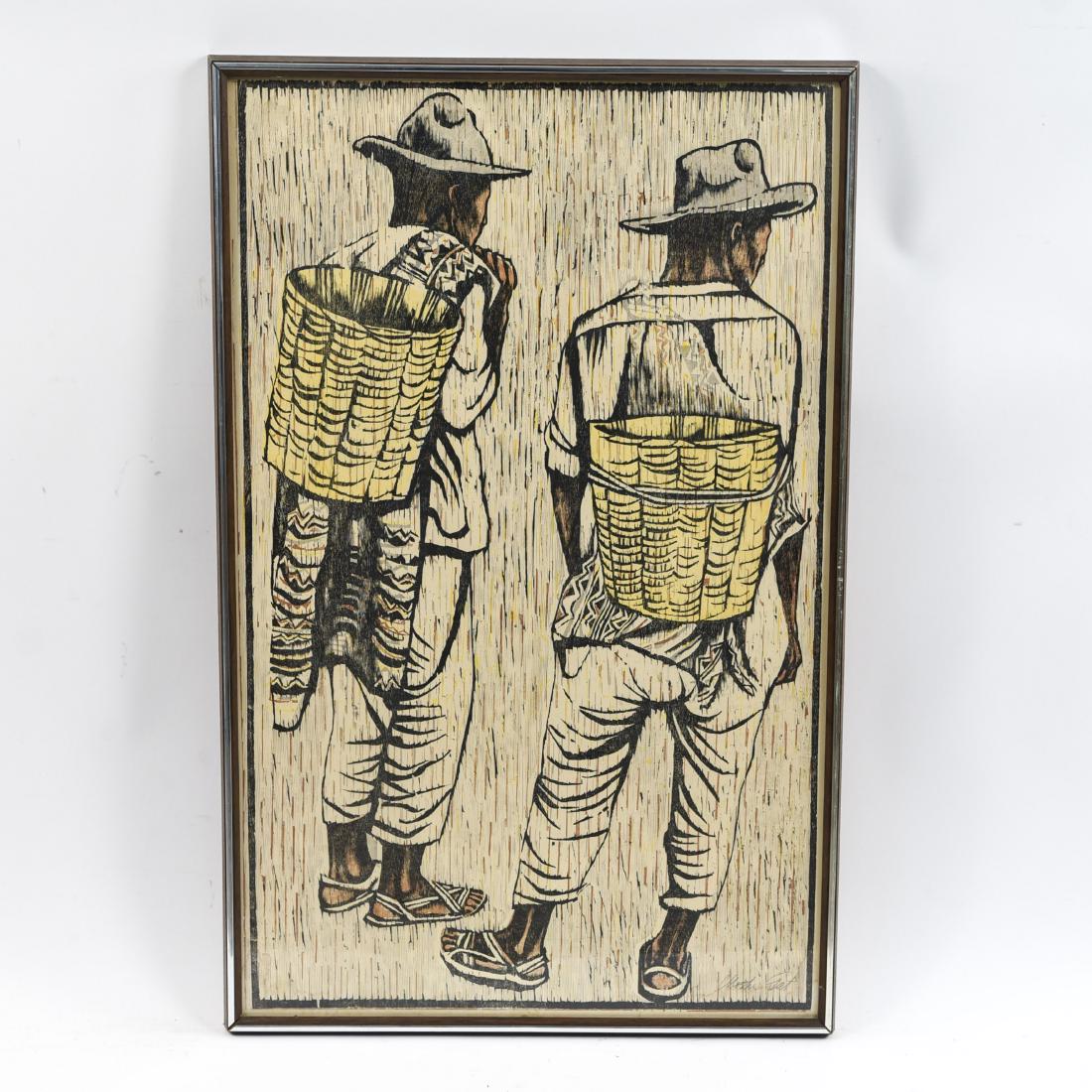 MOSHE GAT COLOR WOODCUT: Signed lower right. Dimensions: (Frame) H 38.5" x W 24.5" Condition: No issues to note. SL1879