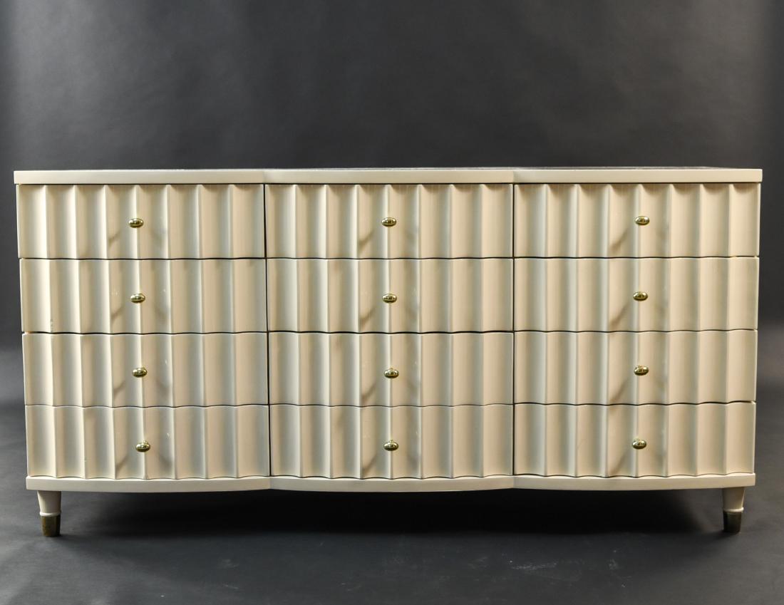 LACQUERED FLUTED DRESSER MANNER OF BARBARA BARRY: Dimensions: H 30.25" x W 59.75" x D 21" Condition: Scratches, stains, and some losses to paint.