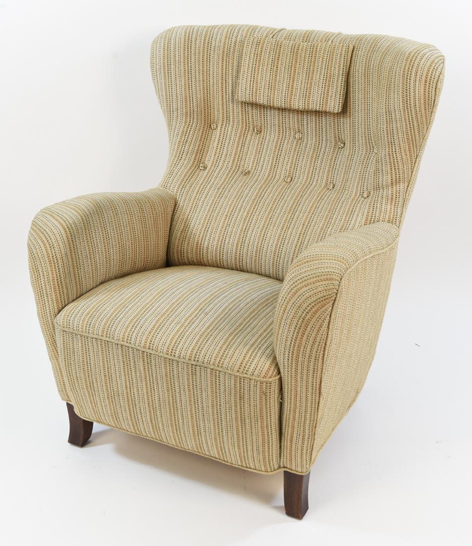 FLEMMING LASSEN STYLE MID-CENTURY EASY CHAIR: Danish. Dimensions: H 38" x W 33" x D 36" x SH 17" Condition: Minor soiling to upholstery from use, otherwise good condition with early upholstery. Wear consistent with age and use. WPB242