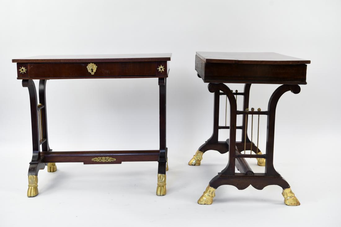 PAIR REGENCY MAHOGANY TABLES W/ GILT HOOVED FEET (1 of 11)