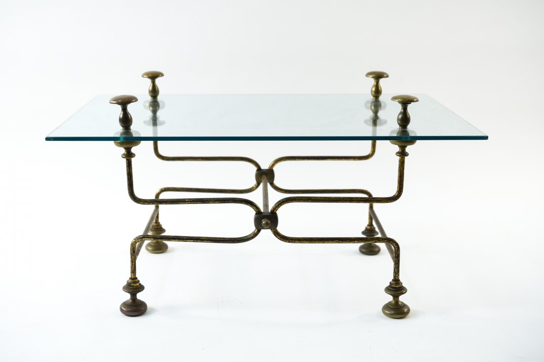 BRASS AND GLASS COFFEE TABLE: Dimensions: H 20" x W 37" x D 24.5"Condition: Showing light wear consistent with age and use. Few light surface scratches. Some finish wear.