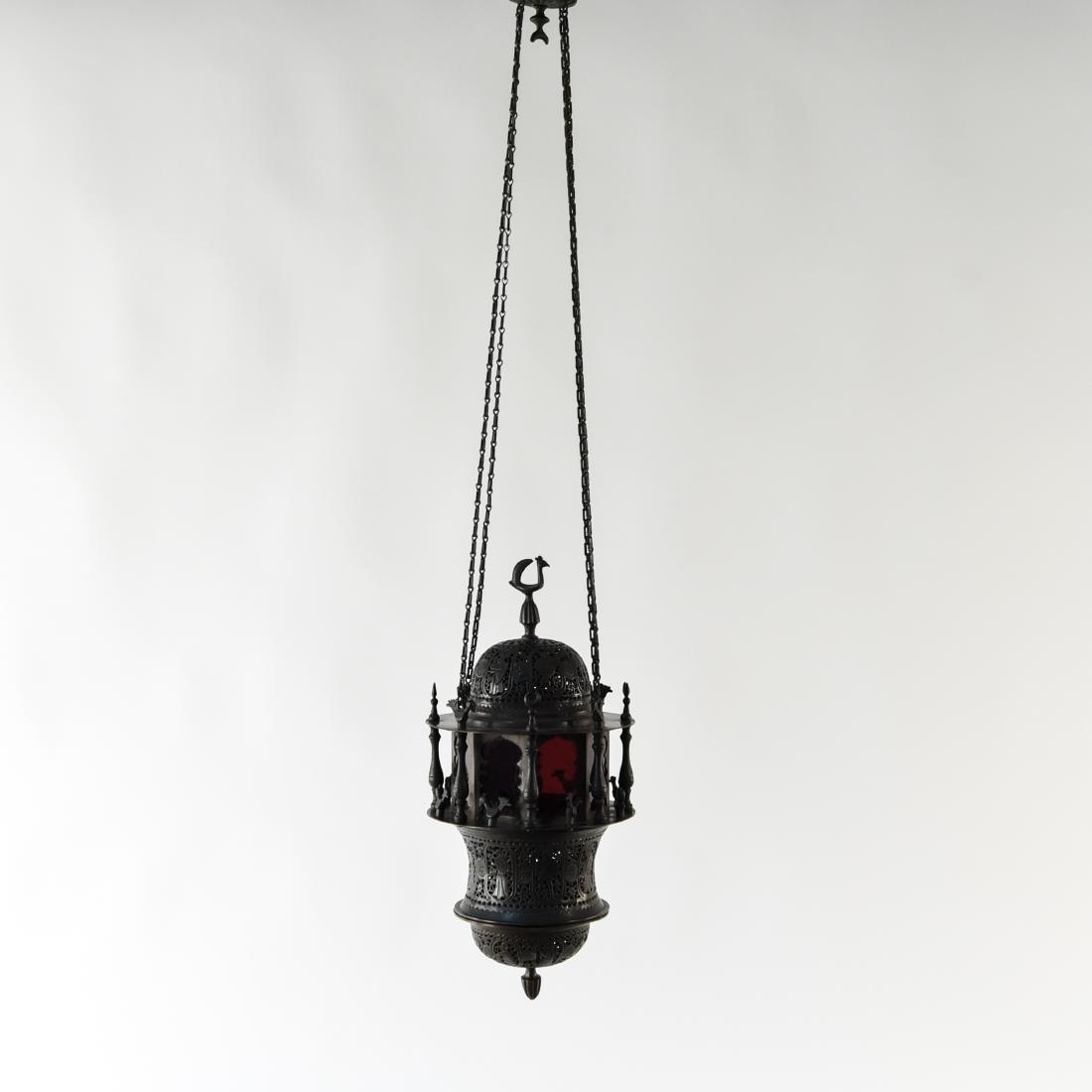 MOORISH PENDANT LAMP: Dimensions: (Pendant body) H 15" x Dia. 7" Condition: Not tested. Some tarnish.