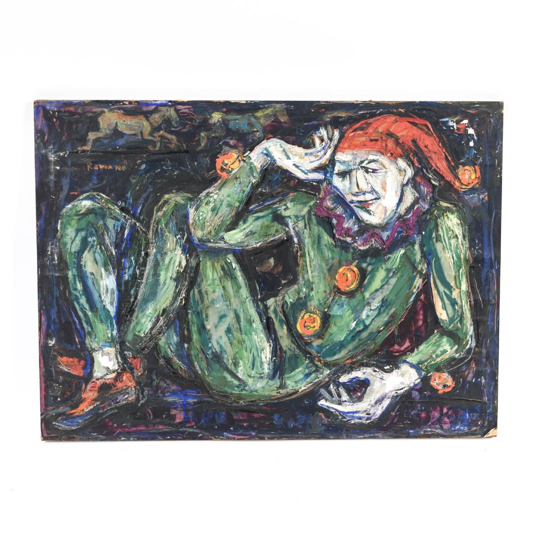 UMBERTO ROMANO (1905-1982) HARLEQUIN OIL ON PAPER: Signed upper left. Paper, laid down on board. Dimensions: H 22" x W 29.75" Condition: Some surface dirt. Couple small areas of loss. Residue verso. Flaking and bubbling.