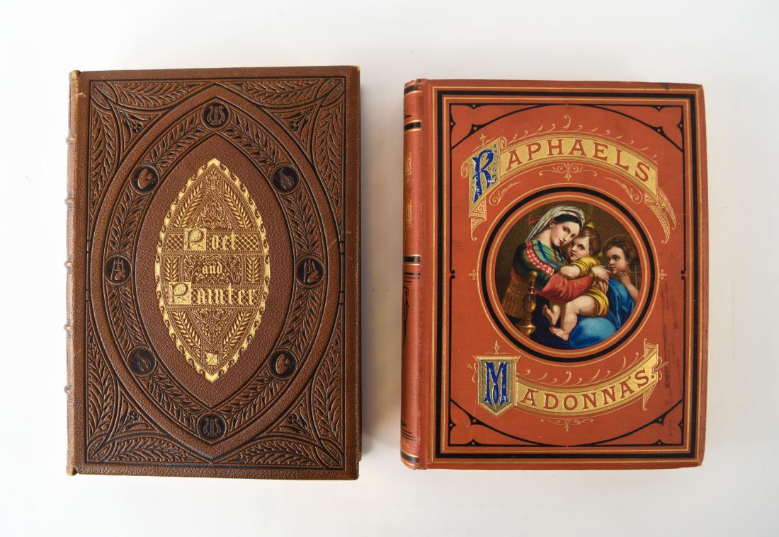 RAPHAEL'S MADONNAS & POET AND PAINTER: "Poet and Painter" published 1868 by D. Appleton & Company. "Raphael's Madonnas" by James P. Walker, published 1874 by Leavitt & Allen Bros. Dimensions: H 11" x W 8.75" x D 2" Condition: Showing light