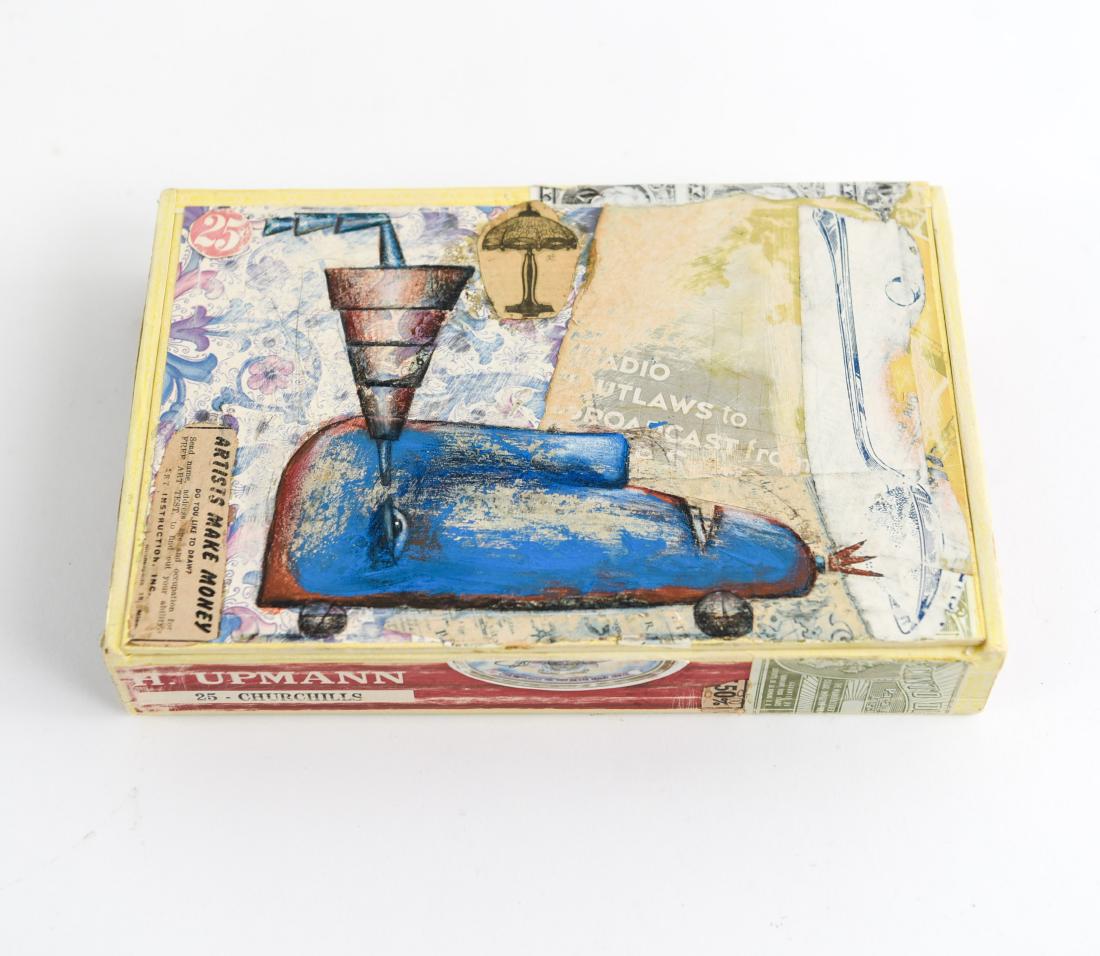 SCOTT LAUMANN PAINTED COLLAGE BOX: Dimensions: H 1.75" x W 9.75" x D 6.25" Condition: Surface wear.