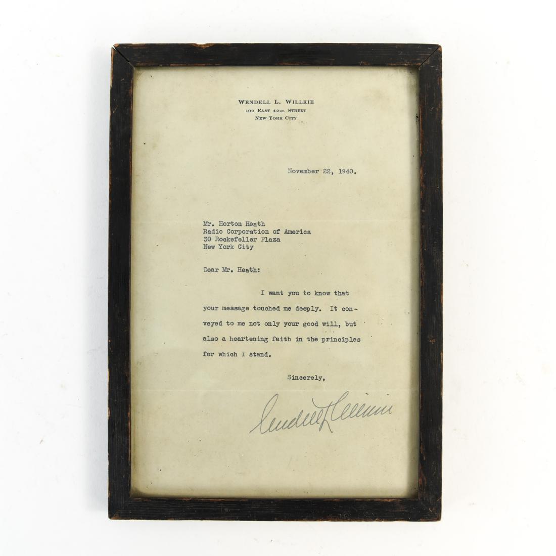 RCA RADIO CORPORATION OF AMERICA LETTER 1940: Letter to Horton Heath at the Radio Corporation of America (RCA). From and signed by Wendell L. Wilkie. Dated 1940. Dimensions: (Frame) H 10.25" x W 7.25" Condition: Toning. Light frame wear.