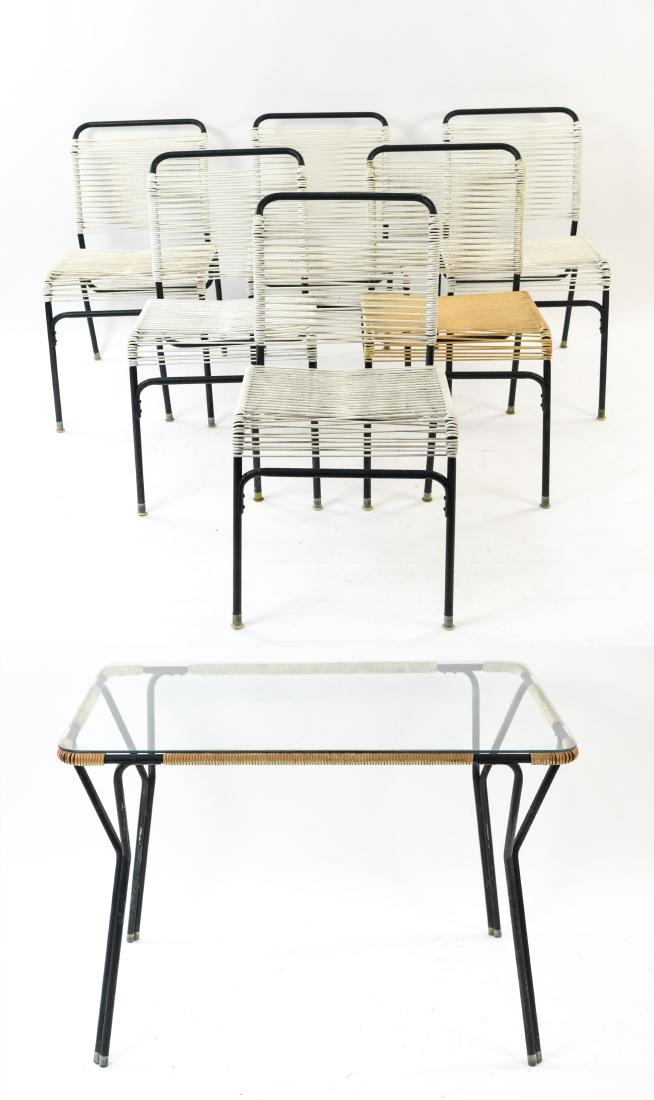 MID-CENTURY OUTDOOR TABLE AND SIX CHAIRS: Dimensions: (Table) H 29.5" x W 42" x D 30" Condition: Wear consistent with outdoor exposure, age, and use. Few flea bites to table glass. Some discoloration. Rust to legs.