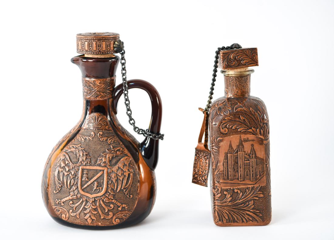 (2) SPANISH LEATHER COVERED AMBER GLASS DECANTERS (1 of 10)