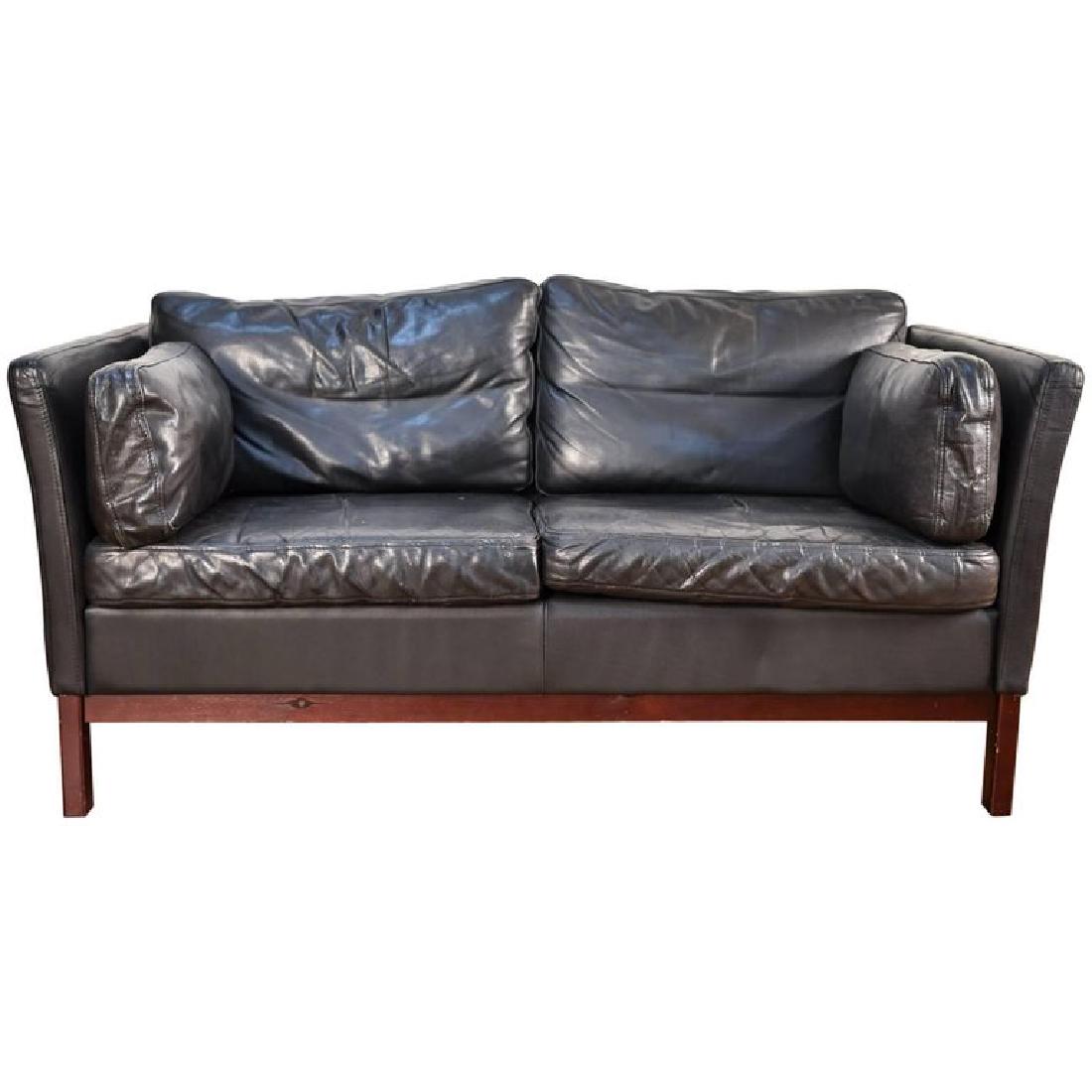 DANISH MOGENS HANSEN BLACK LEATHER TWO-SEATER SOFA (1 of 9)