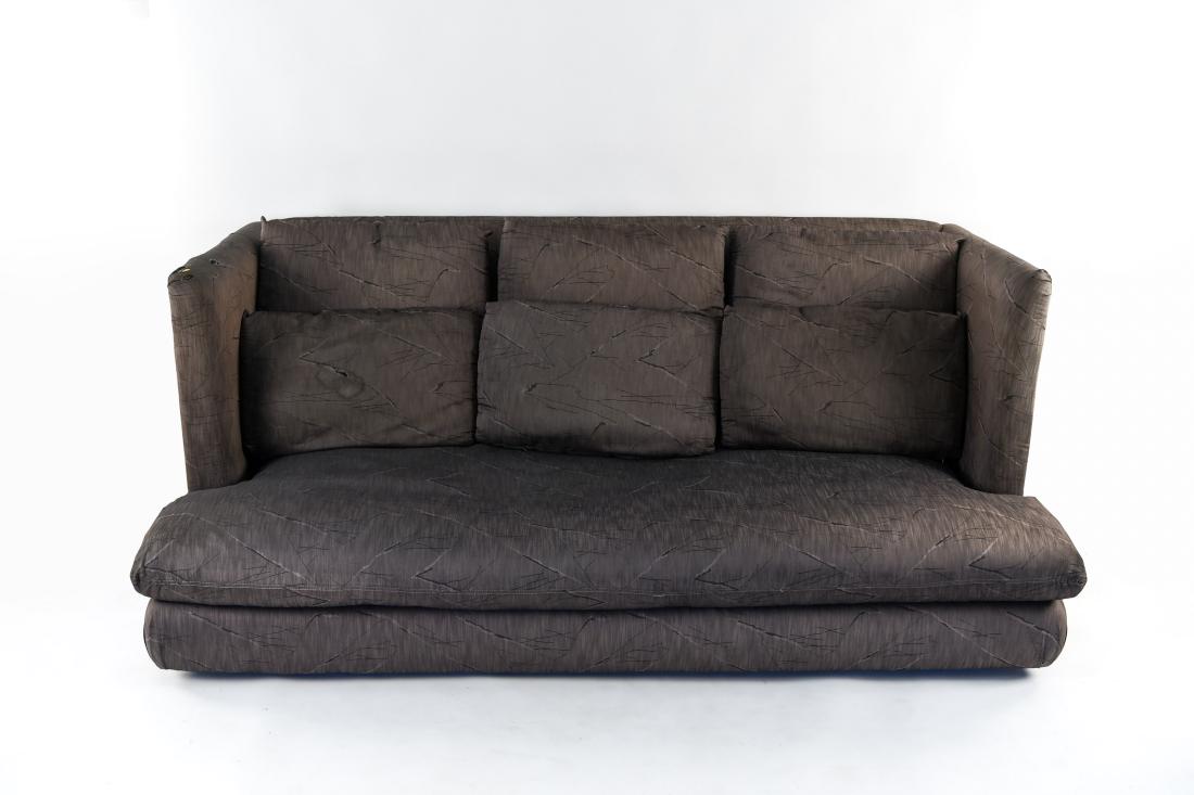 THAYER COGGIN SHELTER SOFA: Tagged Thayer Coggin. Frame dated 1986Dimensions: L 86" x H 37.5" x D 44" x SH16"Condition: Showing wear consistent with use. Some areas with tears and fraying. Needs complete re upholstery