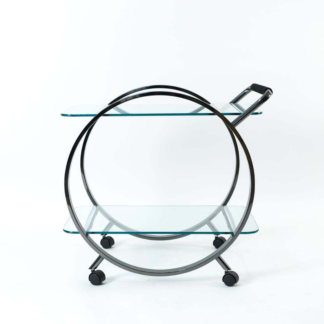 DIA DESIGN INSTITUTE OF AMERICA BAR CART: With glass shelves and gun metal finish. Dimensions: H 31.25" x W 31.75" x D 20.25" Condition: No issues to note.