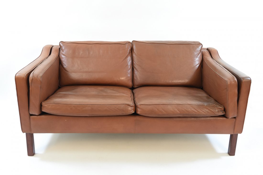 DANISH MID-CENTURY BORGE MOGENSEN STYLE LOVESEAT: Leather. Dimensions: H 29" x W 60.5" x D 32.5", SH 17" Condition: Wear consistent with age and use. Leather is broken in. WPB003