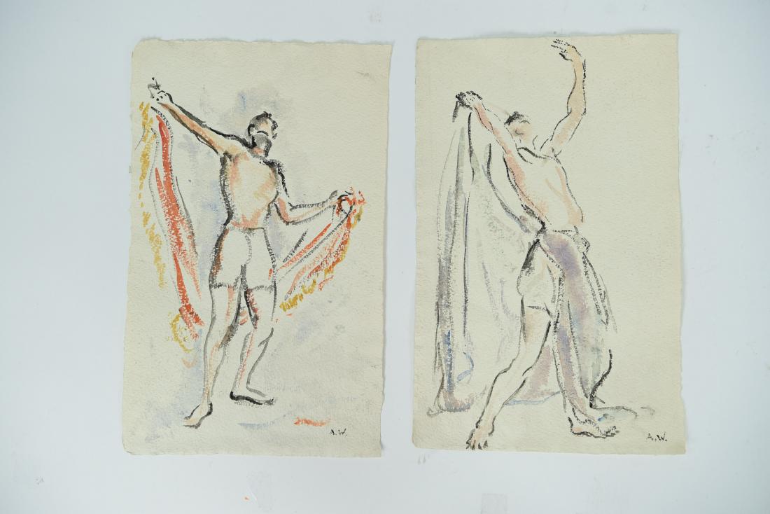 (2) ABRAHAM WALKOWITZ, AMERICAN (1878 - 1965): Two watercolor gesture paintings of semi nude males with fabric. Both initialed A.W. Paper watermarked FABRIANO 1937. Dimensions: (Paper) H 19.25" x W 12" Condition: Slightest age toning, light handli