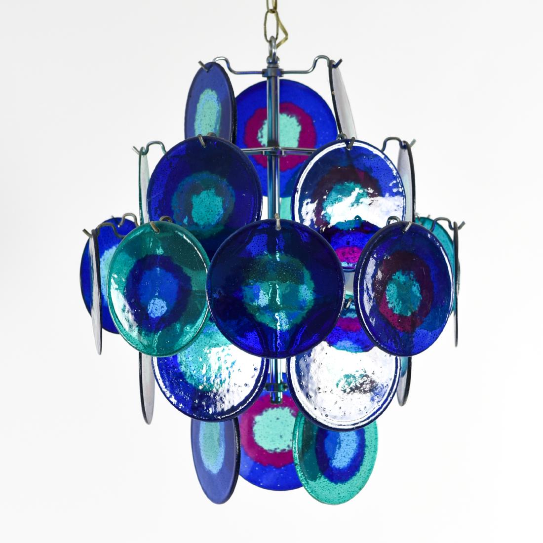 ACRYLIC ROUNDEL CHANDELIER: Dimensions: H 20.5" x Dia. 17.5" Condition: May need to be rewired. Scratches and few small chips to edges of acrylic.