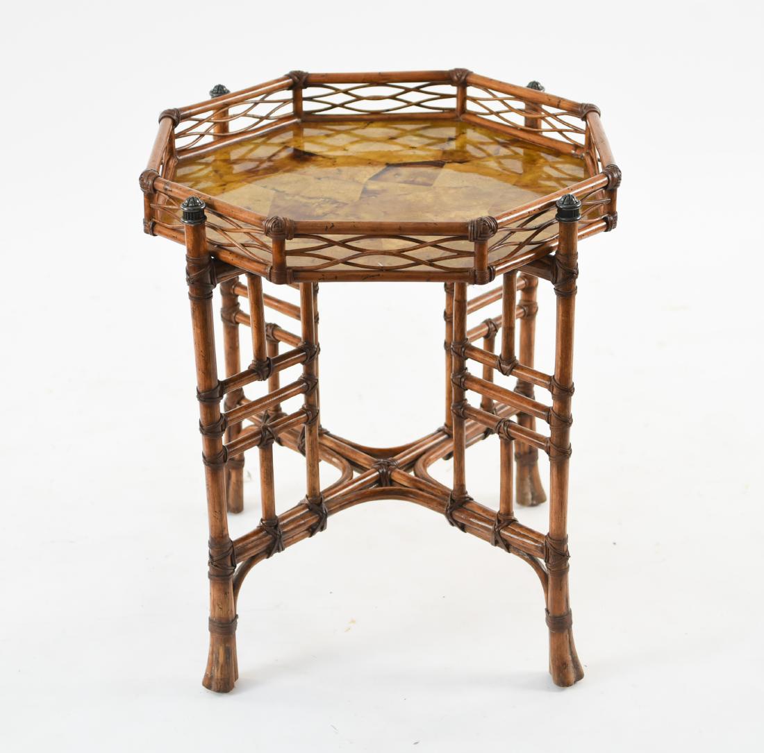 CONTEMPORARY BAMBOO TABLE: Tray top form with faux inlaid top. Dimensions: H 27" x W 26" x D 26" Condition: Thin crackling to top.