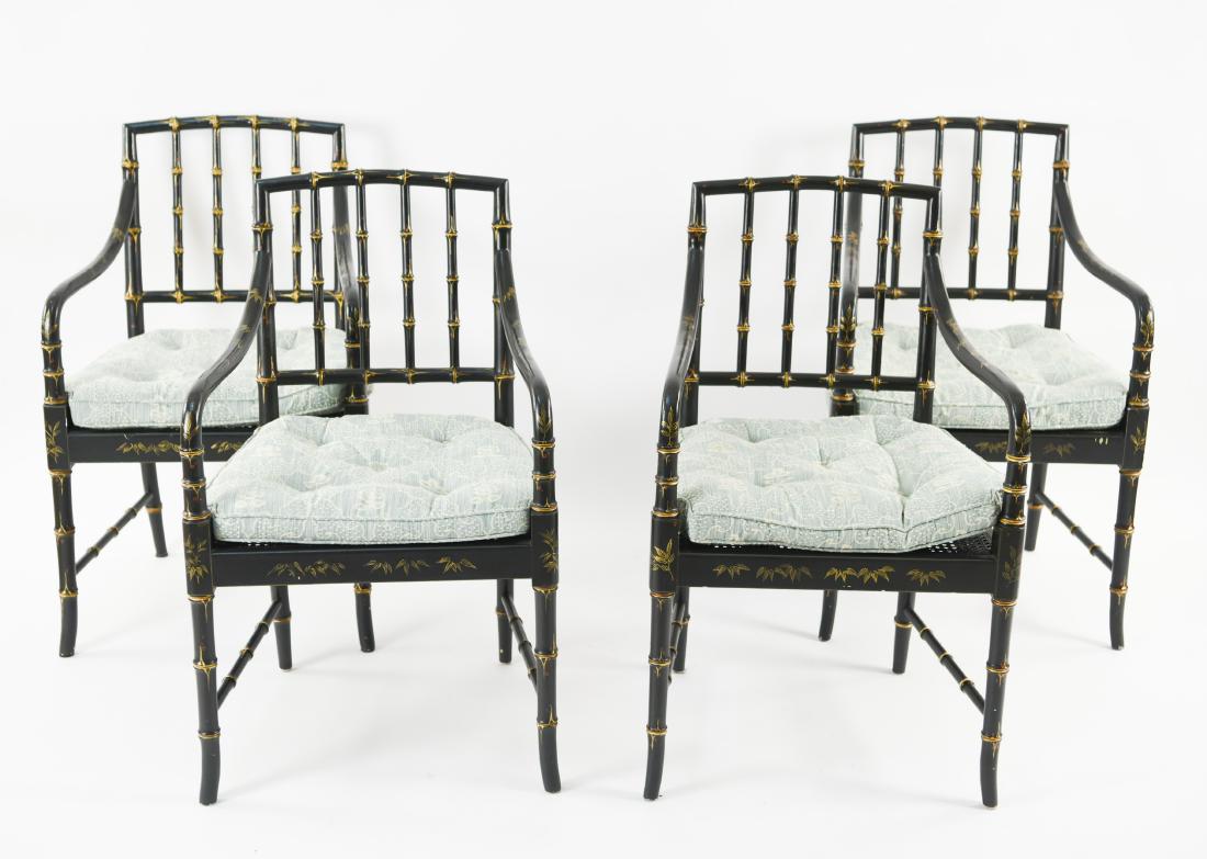 (4) MODERN CHINOISERIE STYLE CHAIRS: Faux bamboo with painted details and button tufted cushions. Dimensions: H 35" x W 21.5" x D 21" x SH 16" Condition: Solid with few scrapes and paint loss.