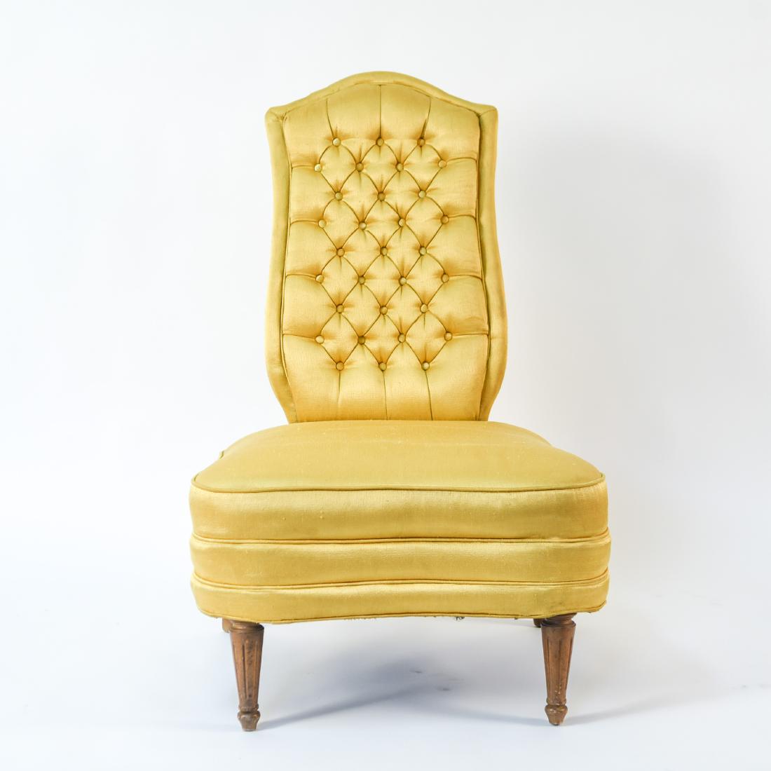 YELLOW SLIPPER CHAIR STYLE OF DOROTHY DRAPER: Dimensions: H 39.25" x W 26" x D 24", SH 15.5" Condition: Few spots to upholstery. Some pulled threads. Wear to wooden legs.