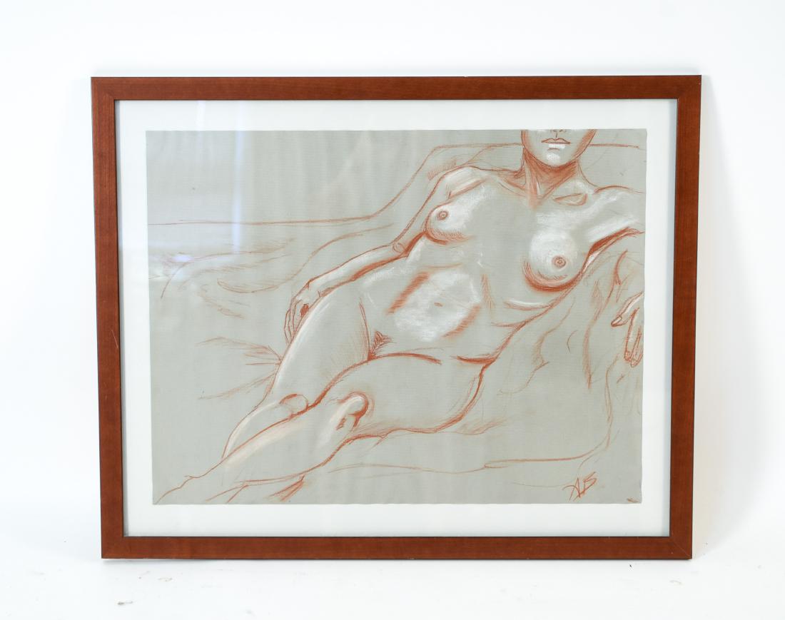 RECLINING NUDE CONTE DRAWING: Initialed AB lower right. Contemporary. Dimensions: (Frame) H 25.25" x W 31.25", (Paper) H 19.75" x W 26" Condition: Some buckling to paper. Light wear to edges of frame.