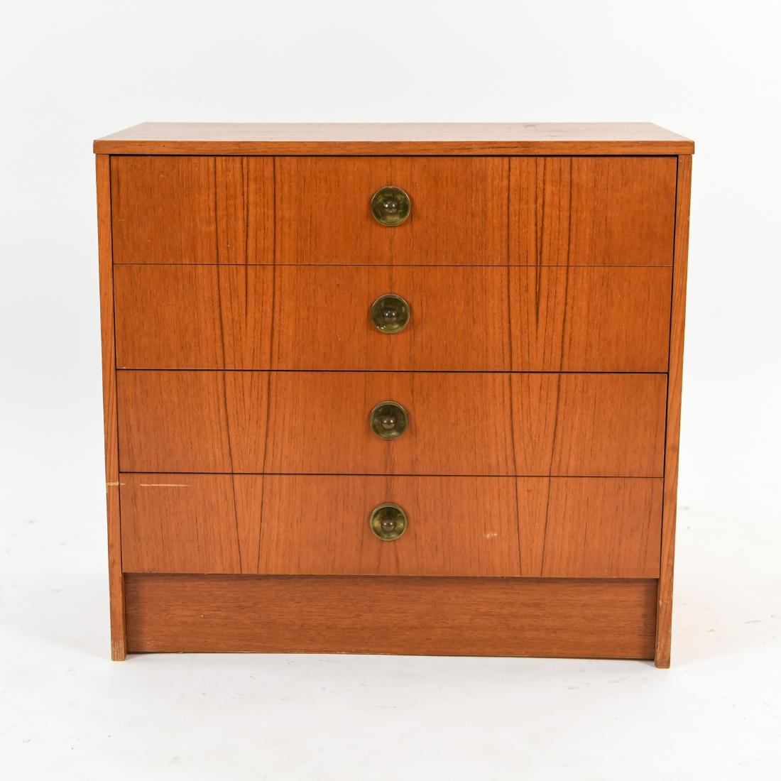 MID-CENTURY SMALL TEAK CHEST: Dimensions: H 22" x W 23.75" x D 12" Condition: Scratches and surface wear throughout.