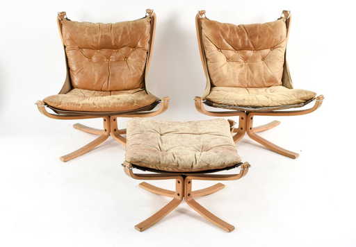 Norway Leather Bent Wood Sling Chairs Ottoman