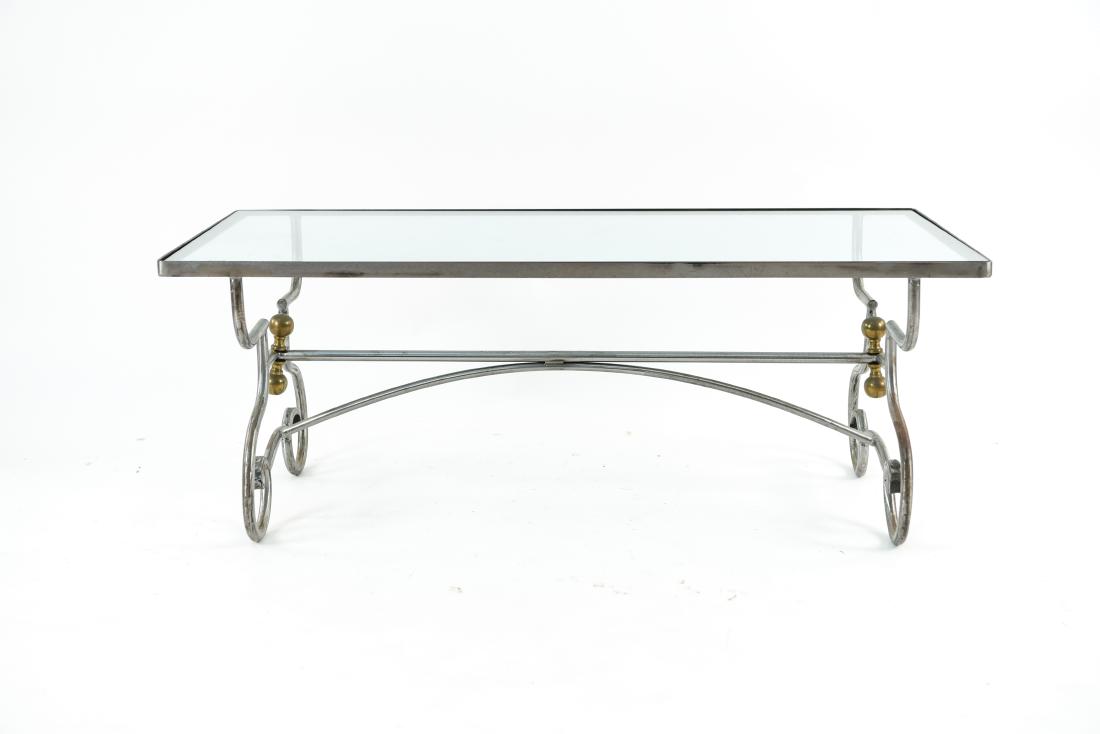 IRON AND GLASS COFFEE TABLE: Dimensions: H 15" x W 40" x D 20" Condition: Showing light wear consistent with age and use.