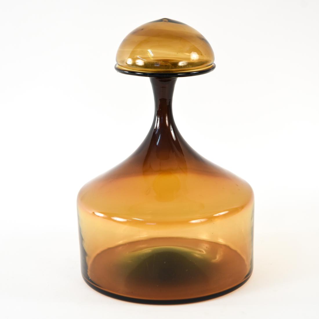 GREENWICH FLINT CRAFT BLOWN GLASS DECANTER: With mushroom top. Dimensions: H 13" x Dia. 8.5" Condition: Light scratches and wear consistent with age and use.