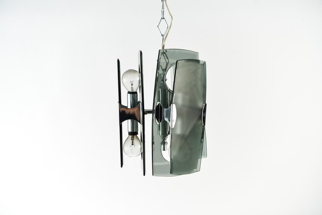 FONTANA ARTE STYLE CHROME & SMOKED GLASS LIGHT: Veca, Italy, 1970's. Dimensions: H 7.5" x Dia. 9" Condition: Not tested. One glass panel broken.