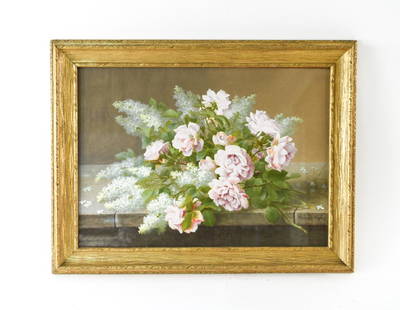 RAOUL DE LONGPRE (1843 - 1911): Gouache still life roses and lilacs on a stone ledge. Signed lower right. Framed in a gilded period frame. Dimensions: (Frame) H 26" x W 34", (Sight) H 20" x W 27.5" Condition: Gouache painting with n