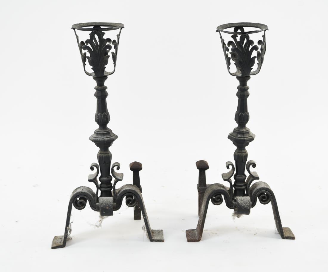 19TH C. WROUGHT IRON ANDIRONS: Dimensions: H 26.5" x W13.5" x D 10" Condition: Showing light wear consistent with age and use. Some surface dirt. Paint finish loss and areas of superficial rust.