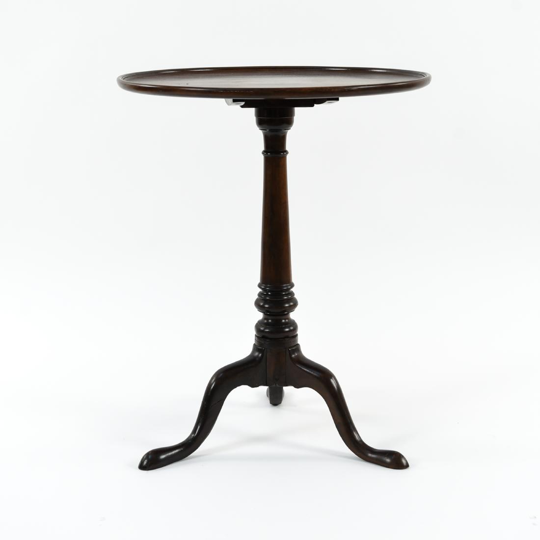 TILT TOP TABLE: Dimensions: H 26.5" x Dia. 21.75" Condition: Finish wear, scratches, scuffs. Surface wear consistent with age and use.