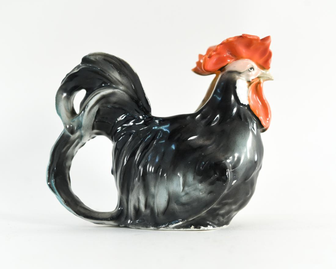 ROYAL BAYREUTH BAVARIA ROOSTER CREAMER: Marked underneath. Dimensions: H 5" x W 5.75" x D 3" Condition: Few small rubs to glaze.