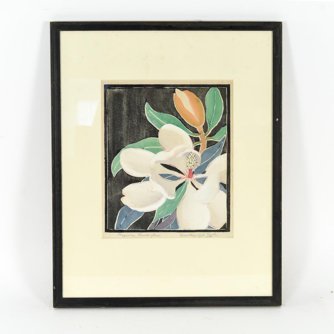 ANNA HEYWARD TAYLOR, CHARLESTON SC (1879-1956): White line color woodcut "Magnolia Grandiflora." Pencil signed and dated (date partially obscured by mat.) Dimensions: (Frame) H 23" x W 18.5" (Sight) H 11.5" x W 10.5", (Paper) H 15" x W 11.75"Condit