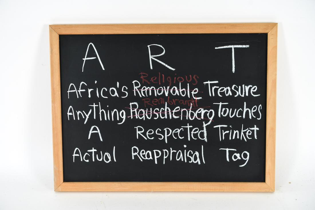 WILLIE COLE (B. 1955) "A.R.T." 1994: Oil pastel on blackboard titled "A.R.T (In The New World Order)" Signed and dated 1994 verso. Dimensions: (Frame) H 18" x W 24" (Sight) H 16" x W 22" Condition: A few light surfaces scratches to black