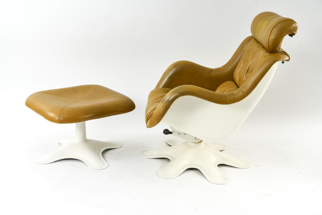 YRJO KUKKAPURO FOR HAIMI CHAIR AND OTTOMAN: Tagged underneath: Haimi, Made in Finland, Design by Yrjo Kukkapuro. Dimensions: (Chair) H 38.25" x W 28.75" x D 25.5" x SH 14.25" Condition: Some fading and surface wear to leather.