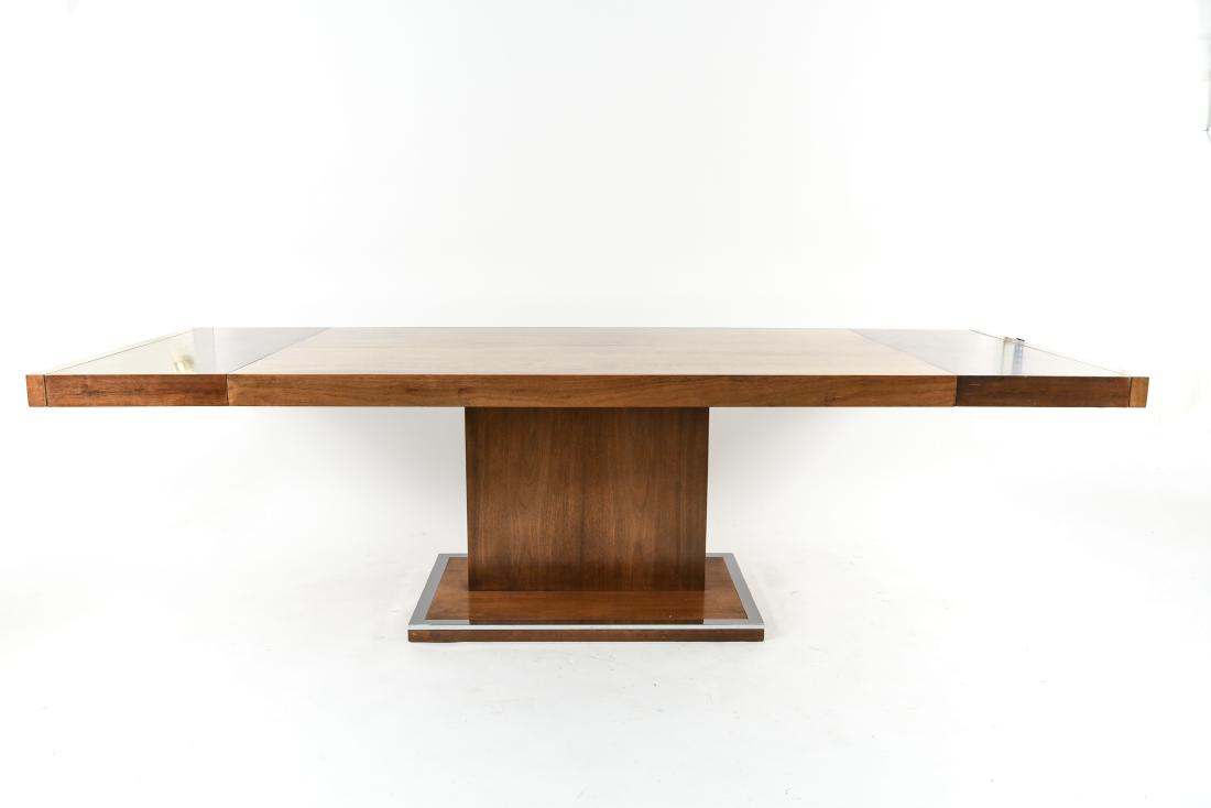 MILO BAUGHMAN PEDESTAL DINING TABLE: Dimensions: H 30.25" x W 67.75" x D 37.75" Condition: Finish wear, surface scratches, water rings. Wear consistent with age and use.