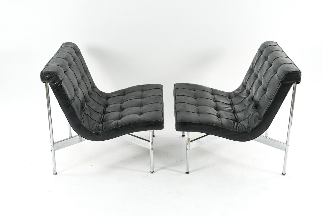 KATAVOLOS, LITTEL, & KELLEY "NEW YORK" CHAIRS: William Katavolos; Ross Littell; Douglas Kelley.Dimensions: H 28" x W 28" x D 25" x SH 15.5"Condition: Tears underneath. Some wear to leather.