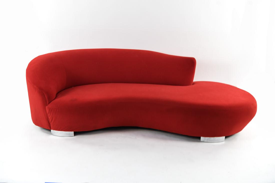 VLADIMIR KAGAN CLOUD SOFA IN RED: Dimensions: H 29" x W 98" x D 44" x SH 14.5" Condition: Burn mark and some soiling to upholstery.