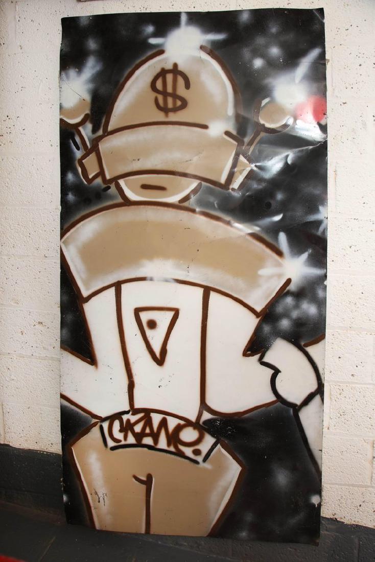 GRAFFITI PAINTING SIGNED CRANE SPRAY PAINT ON TIN: Fun Gallery 1980s. Spray paint on sheet metal.Dimensions: H 77" x W 36" x D .1"Condition: Some edge wear and waviness to metal. Some scratches and scuffs.