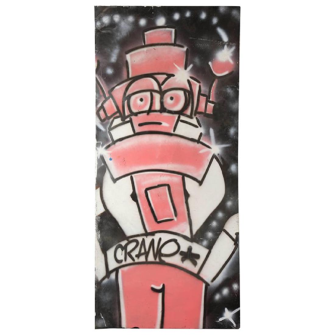 GRAFFITI PAINTING SIGNED CRANE SPRAY PAINT ON TIN: Fun Gallery 1980s. Spray paint on sheet metalDimensions: H 80" x W 36" x D .1"Condition: Some edge wear and waviness to metal. Some scratches and scuffs.