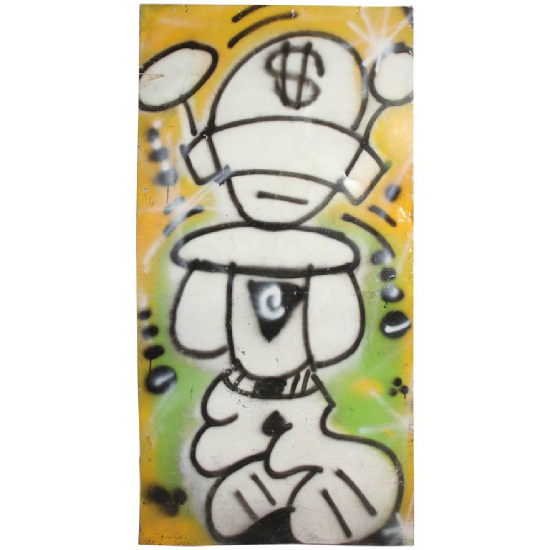 GRAFFITI PAINTING SIGNED CRANE SPRAY PAINT 1980S: 1980s Fun Gallery/ Painted Tin Circa 1980-1989.Dimensions: H 72" x W 36" x D .1" (H 182.88 cm x W 91.44 cm x D 2.54 mm)Condition: Some edge wear and waviness to metal. Some scratches and scuffs.