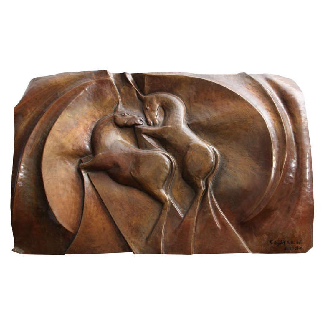 PATINATED COPPER SCULPTURE RELIEF OF UNICORNS: Cesare Verzolini C. 1960s. Signed to front, marked Made in Italy verso. Dimensions: H 24" x W 36" x D 4"Condition: Few surface scratches.