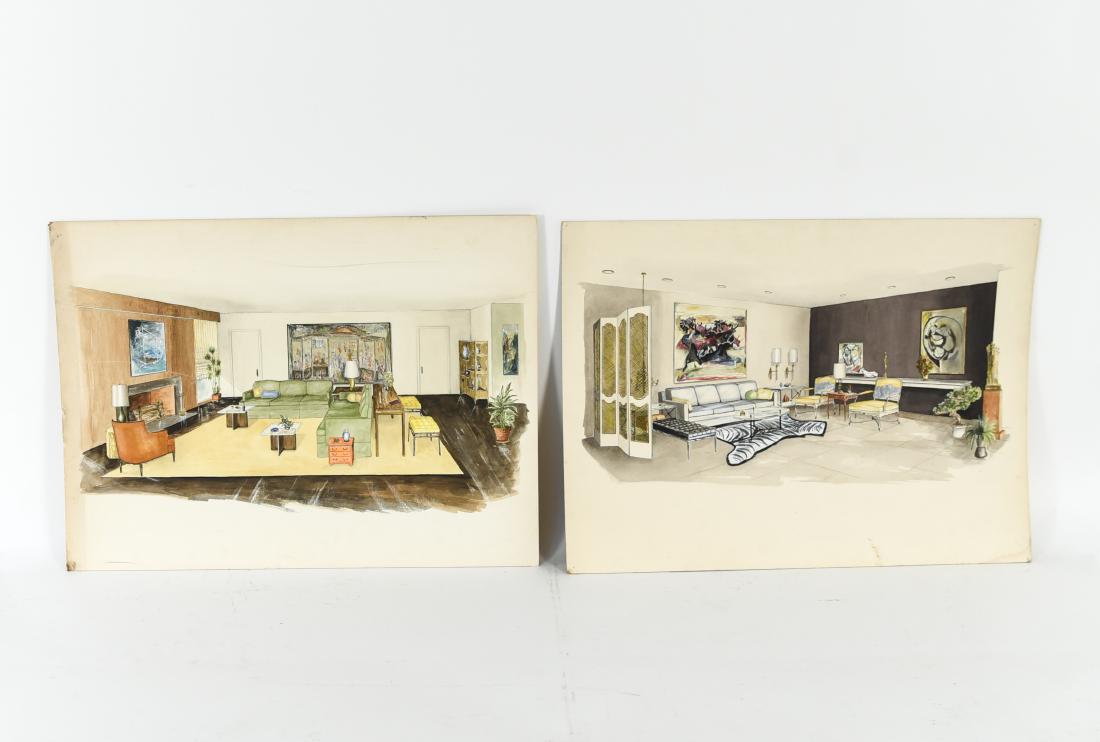 (2) MID CENTURY INTERIOR DESIGN RENDERINGS: Two interior views c. 1960's in gouache over pencil on illustration board. Possibly signed verso. Dimensions: H 22" x W 30" Condition: Some toning, edge dings, surface scratches to one.