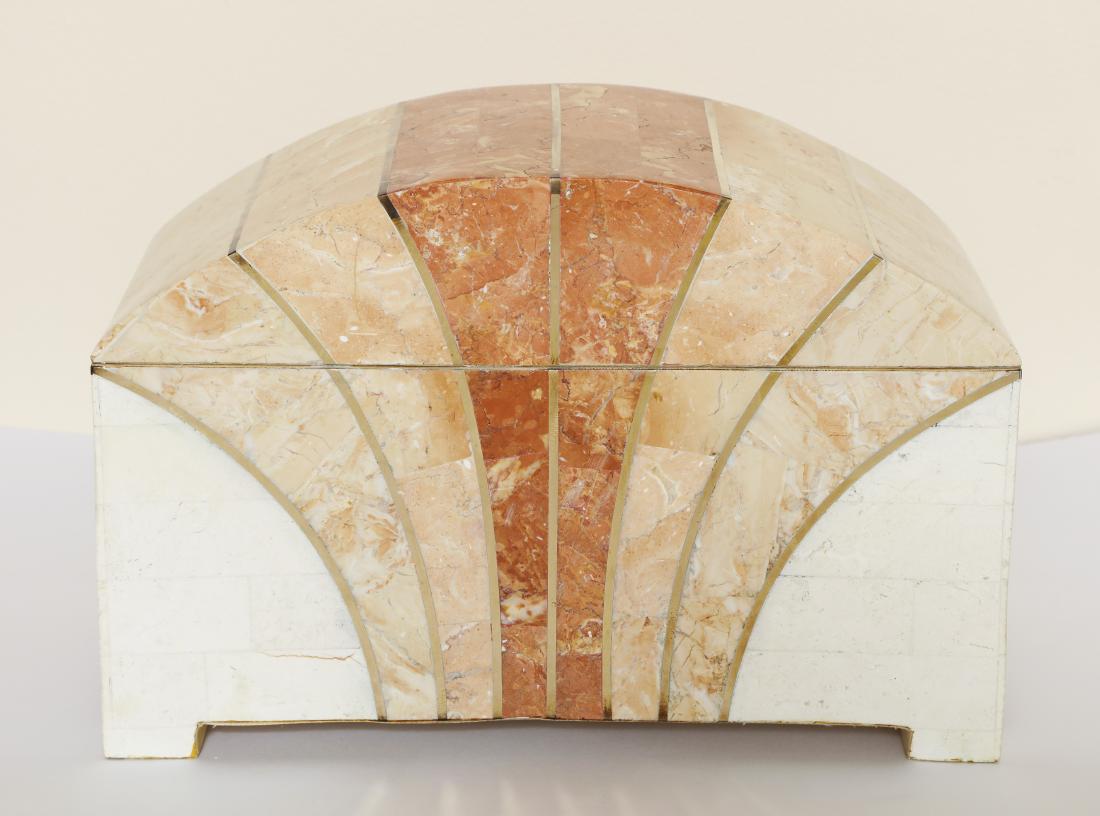 MAITLAND SMITH 1970S TESSELLATED STONE BOX: With brass inlay. Interior lined with cream velvet and brass chain link support.Dimensions: H 8" x W 12" x D 6"Condition: Few minor chips to edges.