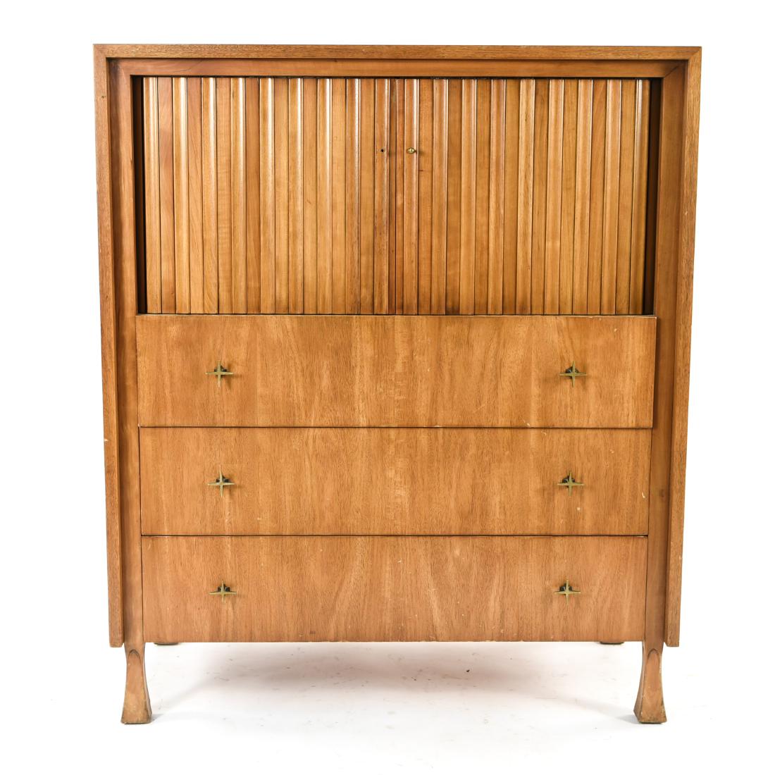 MID-CENTURY JOHN WIDDICOMB TAMBOUR DOOR CHEST: Stamped in drawer. Dove tail construction. Dimensions: H 47" x W 40" x D 20" Condition: Scrapes, scratches, rubbing throughout.