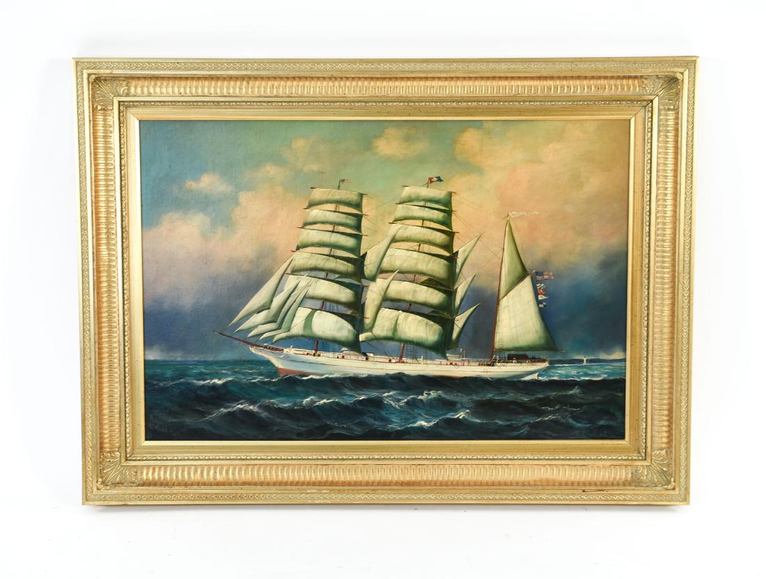LATE 20TH C. OIL ON CANVAS AMERICAN CLIPPER SHIP: Signed Matt Thomas lower right. Dimensions: (Frame) H 32.25" x W 44.5", (Sight) H 23.5" x W 35.25" Condition: No issues to note.