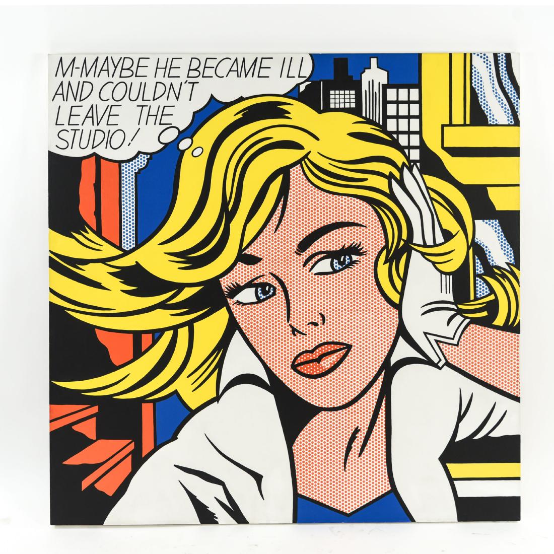 AFTER LICHTENSTEIN POP ART OIL ON CANVAS: Dimensions: H 59" x W 59" Condition: Few minor dents, scuffs.