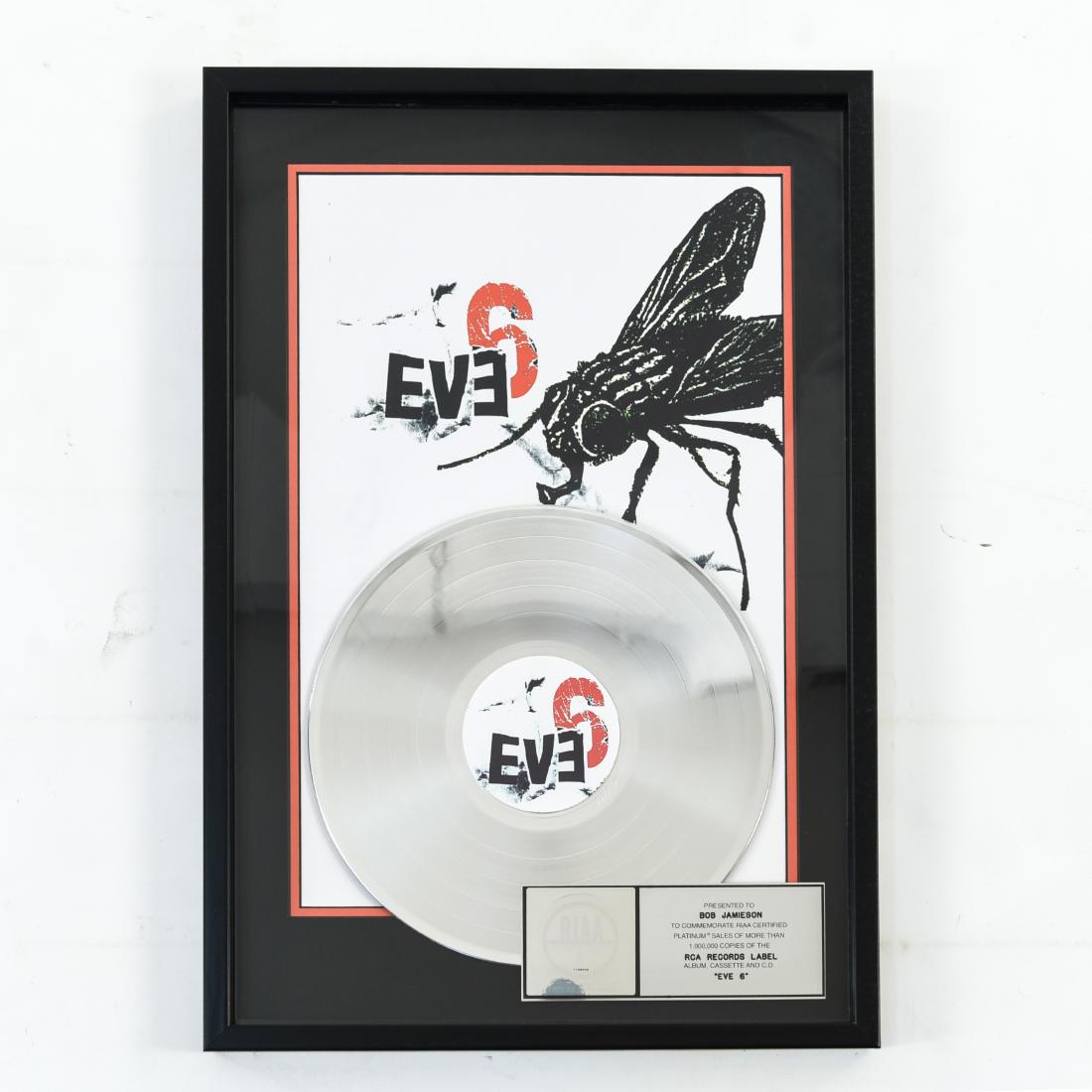 PLATINUM SALES AWARD FOR EVE 6: Presented to Bob Jamieson. Certified platinum sales award from RIAA.Dimensions: (Frame) H 24.75" x W 17"Condition: Showing light wear to frame.