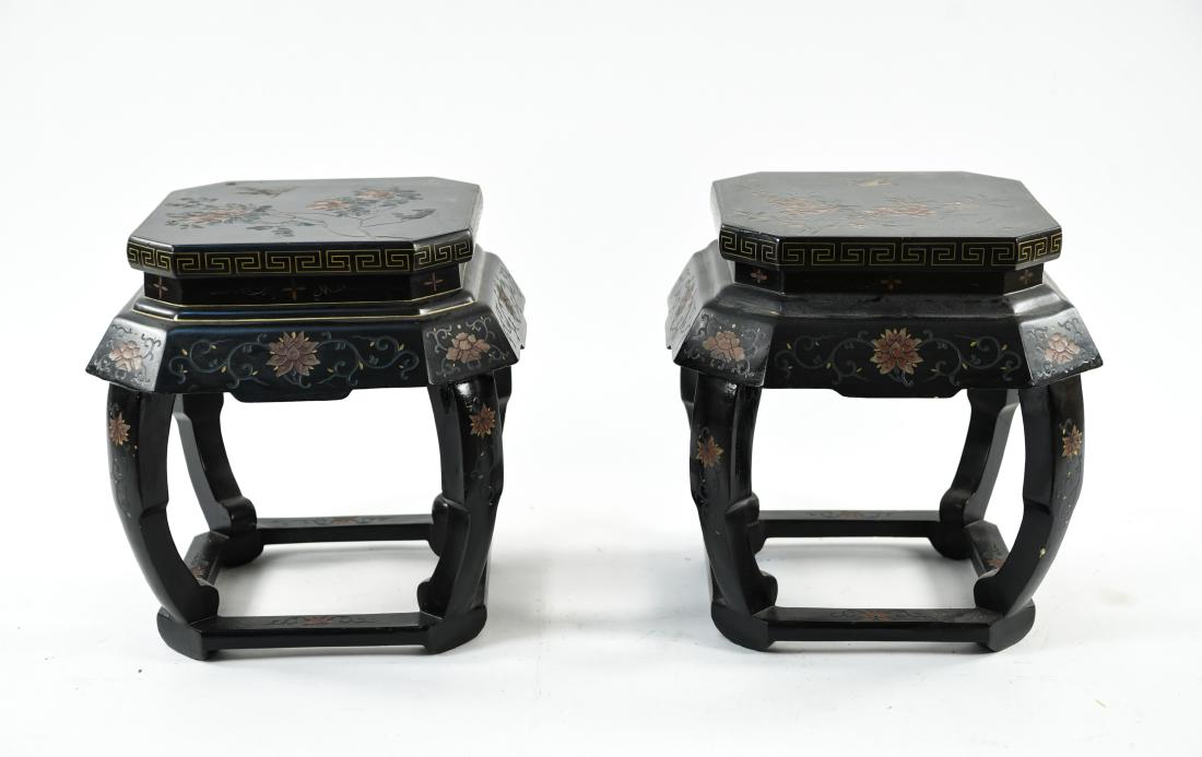 PAIR OF LACQUERED ASIAN STOOLS: Dimensions: H 18.5" x W 18" x D 18" Condition: Chipping to edges.